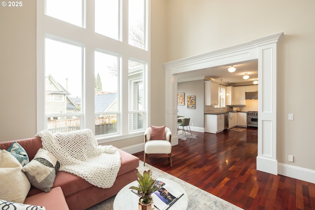 living room with dark wood-type flooring and a high ceiling