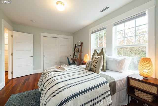 bedroom featuring dark wood-type flooring and a closet