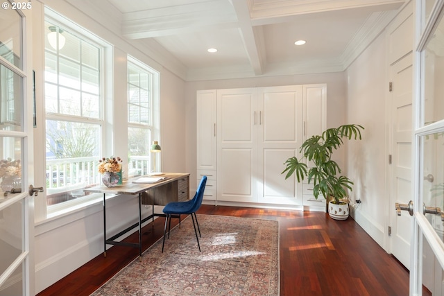 office area with coffered ceiling, beam ceiling, crown molding, and dark hardwood / wood-style floors