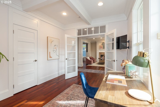 office with beamed ceiling, crown molding, dark wood-type flooring, and french doors