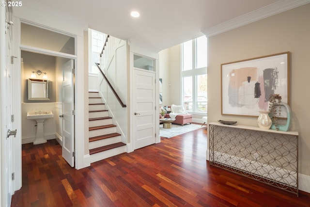 entrance foyer with crown molding and dark wood-type flooring