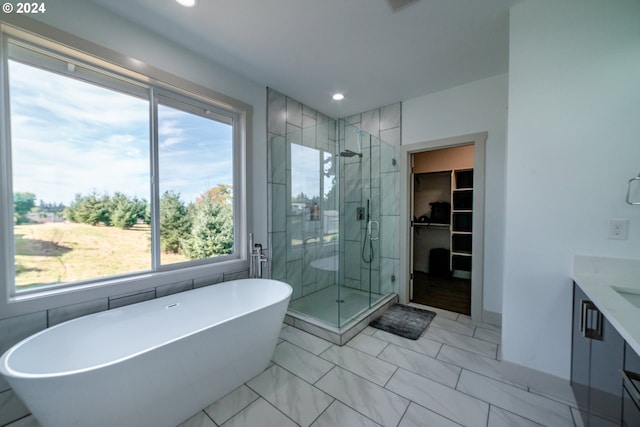 bathroom with vanity, separate shower and tub, and a wealth of natural light