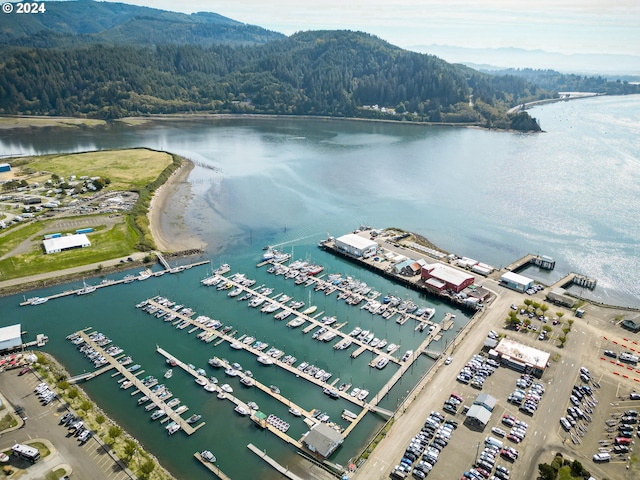 aerial view of a heavily wooded area and a water and mountain view