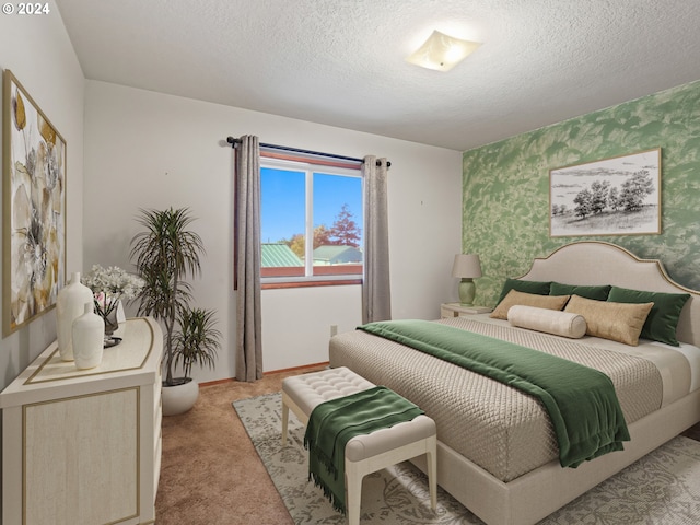 bedroom featuring light colored carpet, a textured ceiling, wallpapered walls, and baseboards
