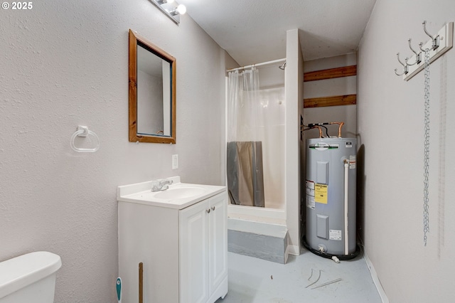 bathroom with toilet, concrete flooring, vanity, curtained shower, and water heater