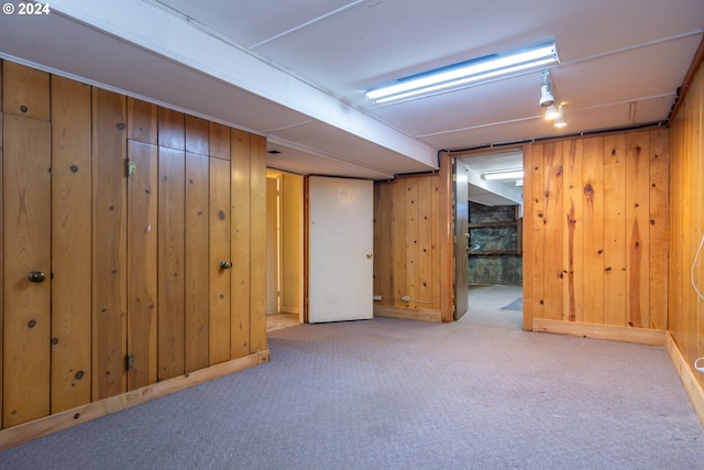 basement featuring light colored carpet and wood walls