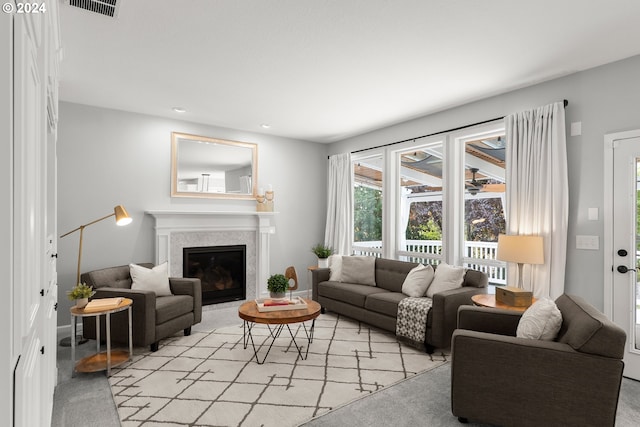 living room with light colored carpet