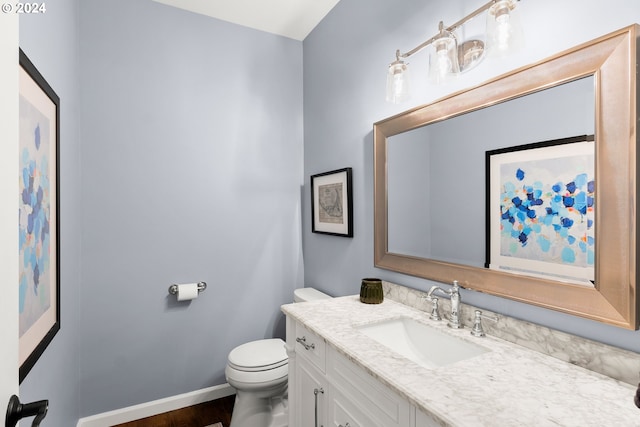 bathroom with vanity, wood-type flooring, and toilet