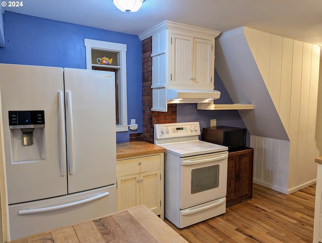 kitchen with fridge with ice dispenser, white electric range, and light hardwood / wood-style flooring