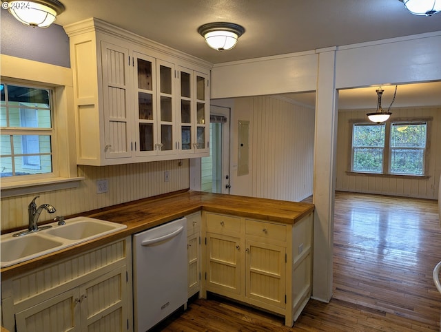 kitchen with white dishwasher, sink, decorative light fixtures, dark wood-type flooring, and butcher block counters