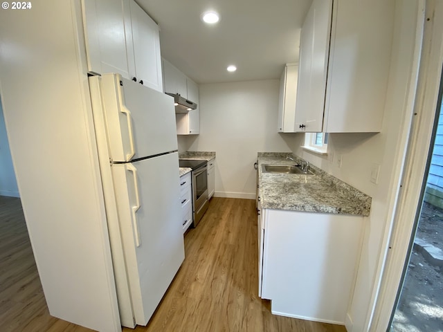 kitchen featuring sink, white cabinetry, electric range, white refrigerator, and light hardwood / wood-style floors