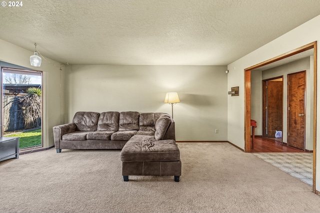 living room with carpet floors and a textured ceiling