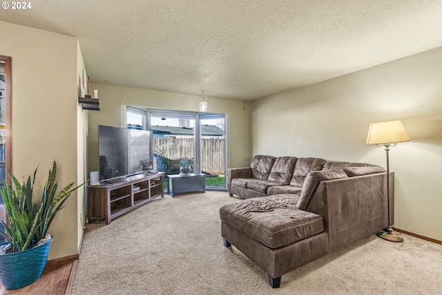 carpeted living room featuring a textured ceiling