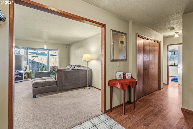 living room with plenty of natural light, a textured ceiling, and hardwood / wood-style flooring