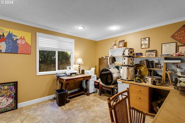 office featuring ornamental molding and a textured ceiling