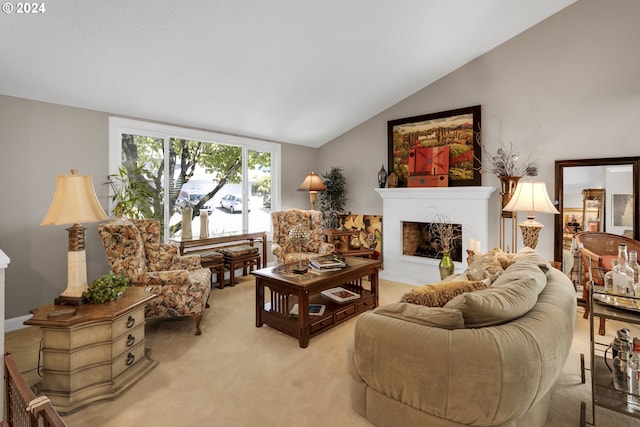 living room with light carpet and lofted ceiling