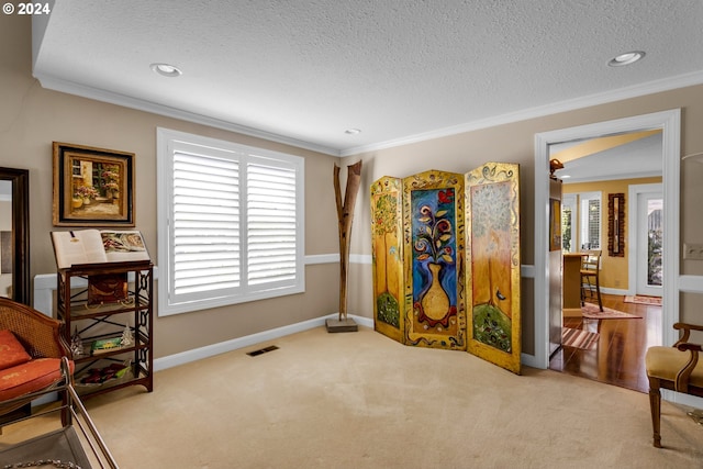 living area featuring ornamental molding, a textured ceiling, and light carpet