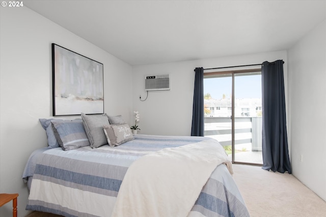 bedroom featuring access to outside, carpet, and a wall mounted air conditioner