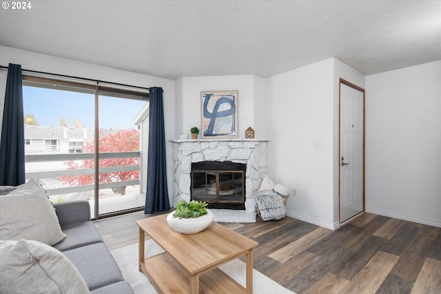 living room with dark wood-type flooring and a fireplace