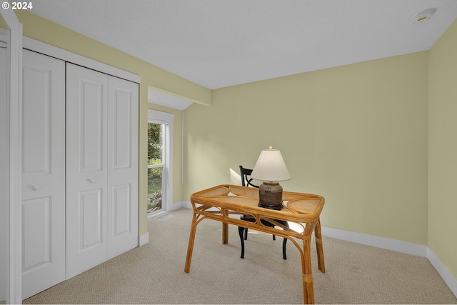 carpeted home office featuring lofted ceiling