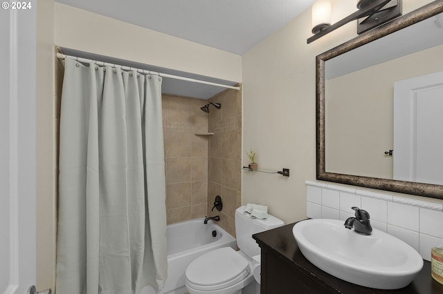 full bathroom featuring vanity, backsplash, shower / bath combination with curtain, and toilet