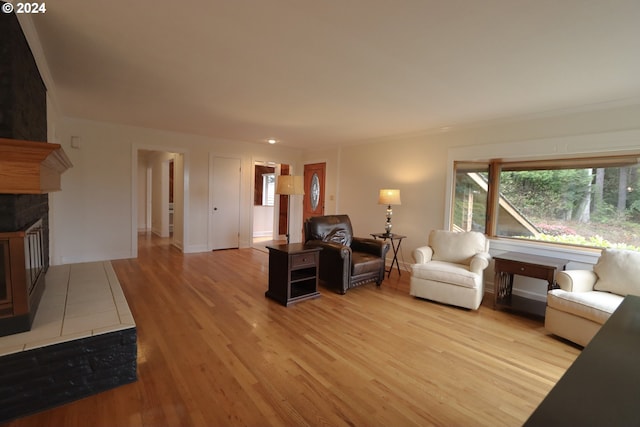 living room featuring light wood-type flooring and a tile fireplace