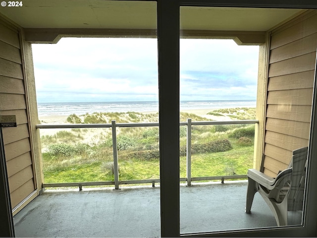 interior space with a water view