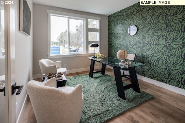 1108 N Helens View Dr, Ridgefield, WA 98642 - office space featuring an accent wall, wallpapered walls, baseboards, and wood finished floors
