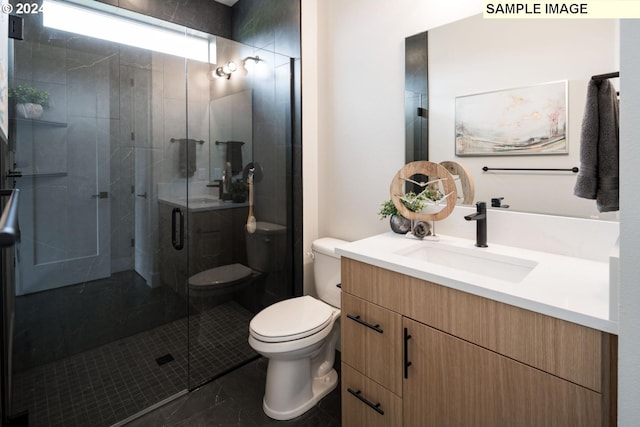 1108 N Helens View Dr, Ridgefield, WA 98642 - bathroom with toilet, vanity, a stall shower, and marble finish floors