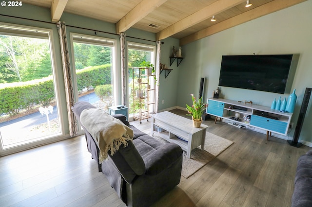 living room with beamed ceiling, wood-type flooring, a healthy amount of sunlight, and wood ceiling