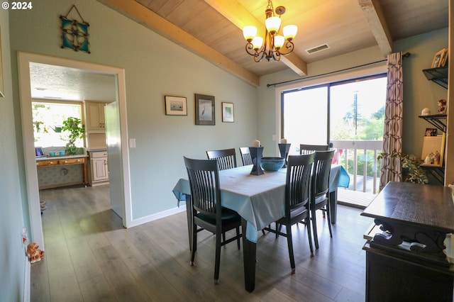 dining room featuring wood-type flooring, lofted ceiling with beams, an inviting chandelier, and wood ceiling