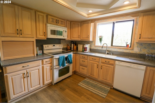 kitchen with white appliances, dark wood-type flooring, sink, a tray ceiling, and tasteful backsplash