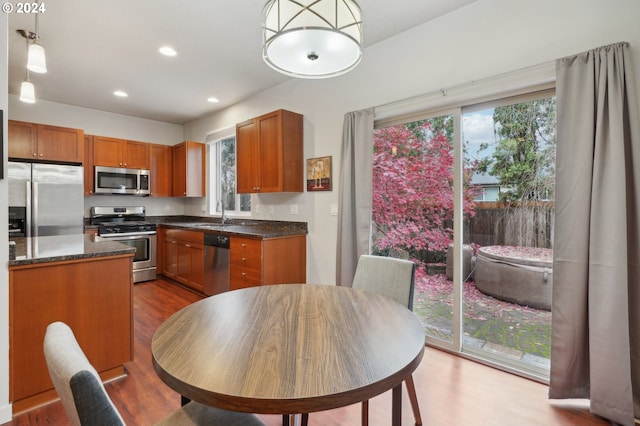 kitchen featuring decorative light fixtures, stainless steel appliances, and wood-type flooring