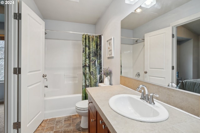 full bathroom with vanity, shower / bathtub combination with curtain, and toilet