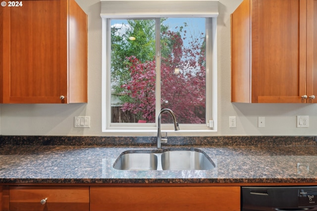 kitchen featuring dishwasher, dark stone counters, and sink