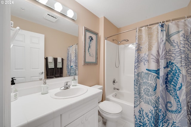 full bathroom with tile patterned flooring, vanity, toilet, and shower / bathtub combination with curtain