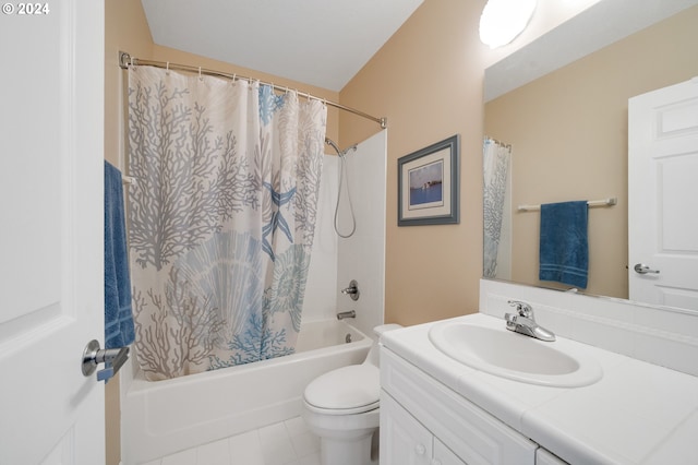 full bathroom with tile patterned floors, vanity, toilet, and shower / bathtub combination with curtain