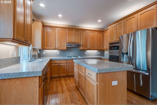 kitchen with light hardwood / wood-style floors, appliances with stainless steel finishes, a center island, and sink