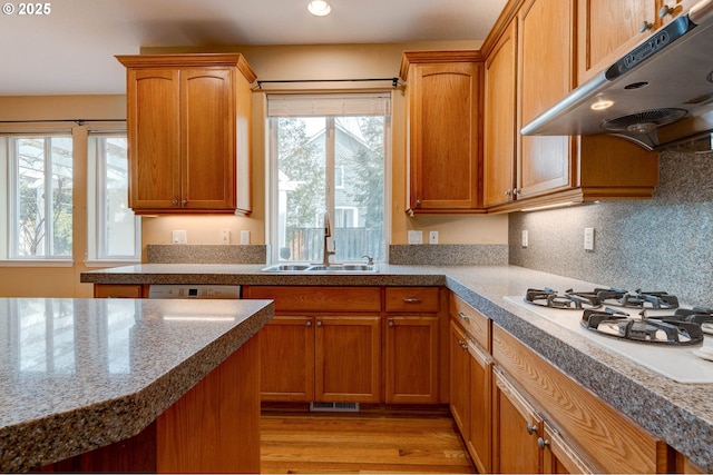 kitchen featuring sink, white gas stovetop, dishwashing machine, light hardwood / wood-style floors, and backsplash