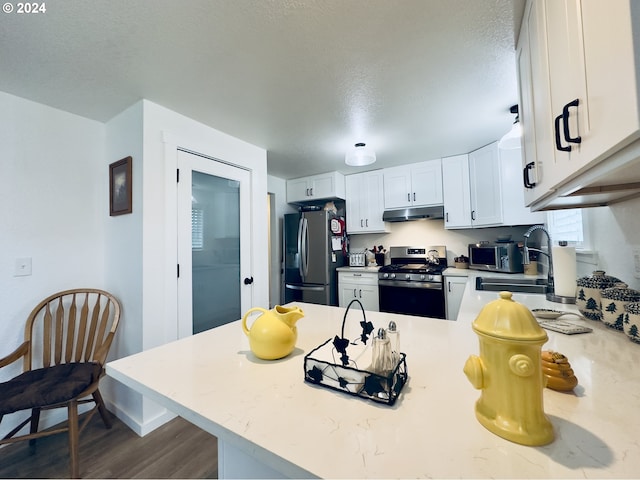 kitchen featuring dark wood-type flooring, white cabinets, stainless steel appliances, a textured ceiling, and sink