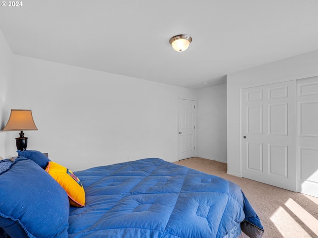 bedroom with light colored carpet and a closet