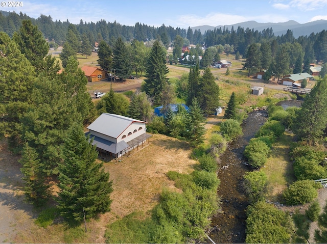 aerial view with a mountain view and a view of trees