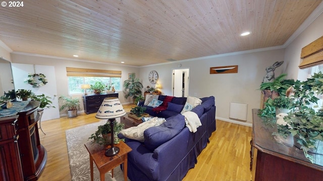 living room featuring crown molding, recessed lighting, light wood-style floors, and wooden ceiling