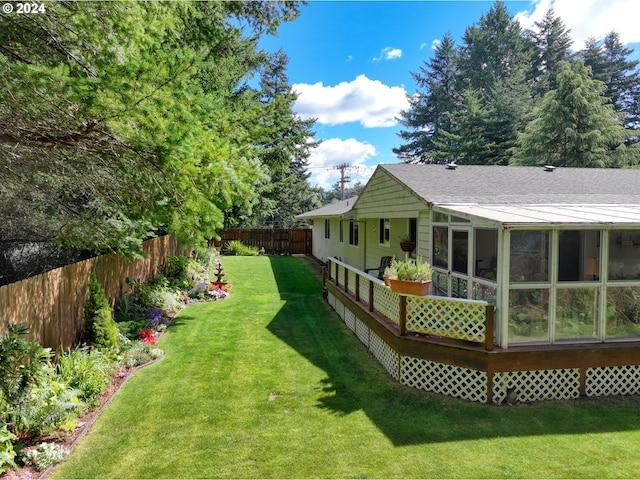 view of yard featuring a fenced backyard and a sunroom