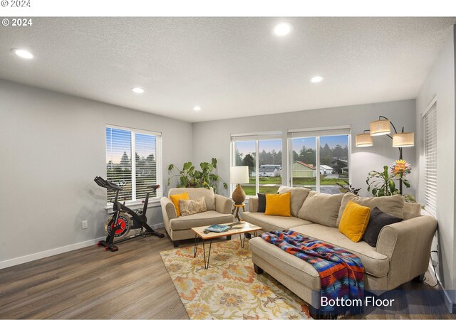 35165 Rueppell Ave, Pacific City, OR 97135 - living area with wood finished floors, plenty of natural light, recessed lighting, baseboards, and a textured ceiling