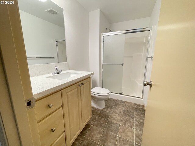 bathroom with toilet, a stall shower, vanity, and visible vents