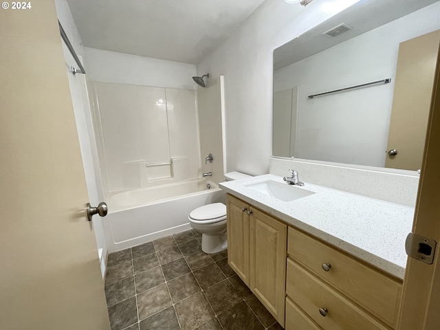 full bath with shower / bathtub combination, visible vents, toilet, vanity, and tile patterned floors