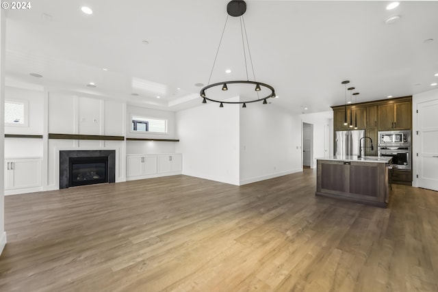 unfurnished living room featuring sink, a tray ceiling, and hardwood / wood-style floors