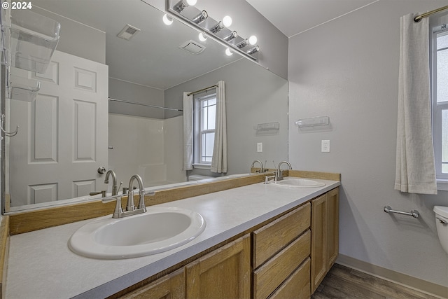 bathroom featuring vanity, wood-type flooring, and toilet