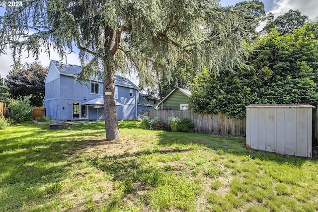 view of yard featuring a storage shed